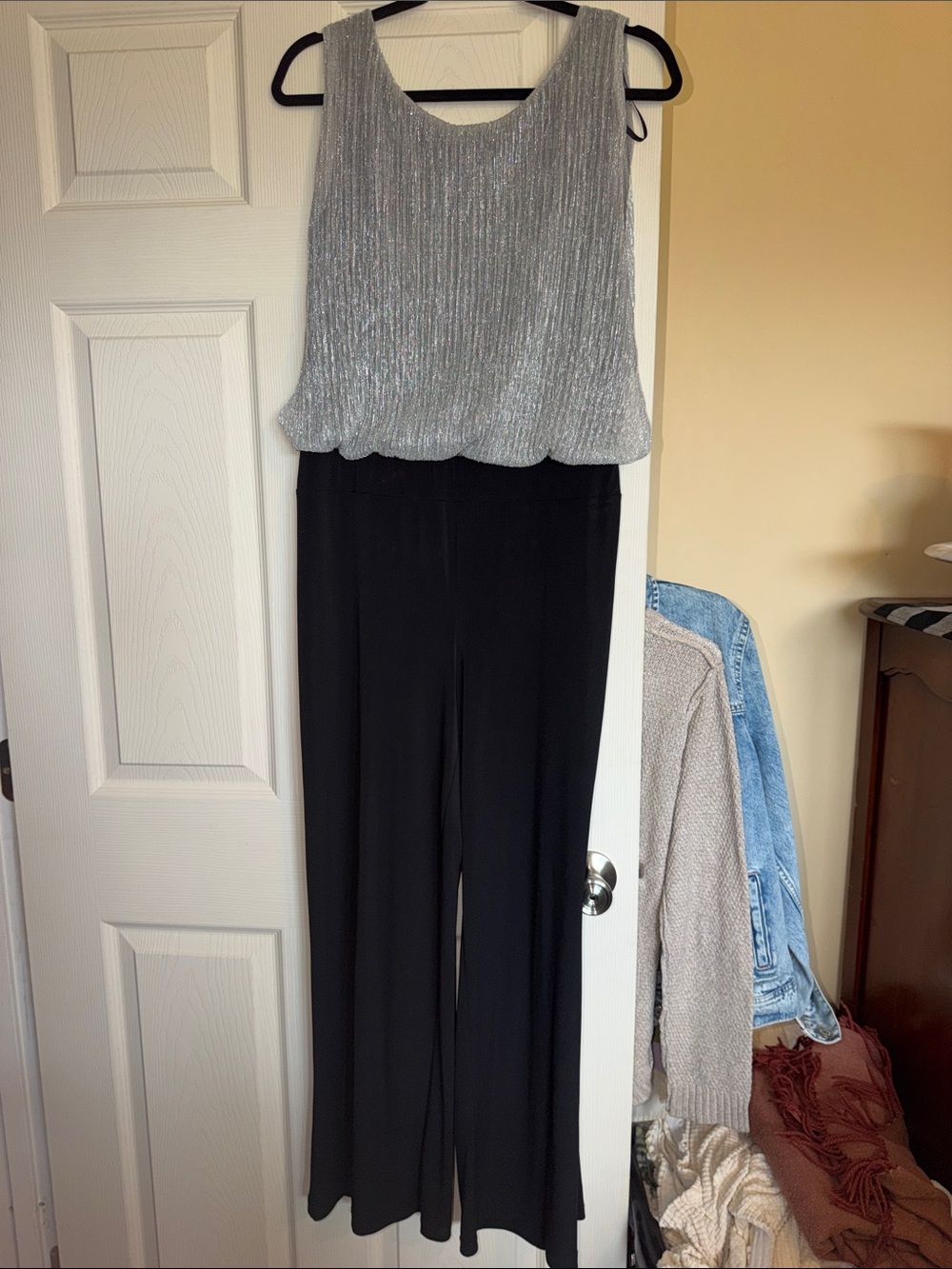 Enfocus Studio Silver Shimmer Sleeveless Jumpsuit with Black Wide Legs